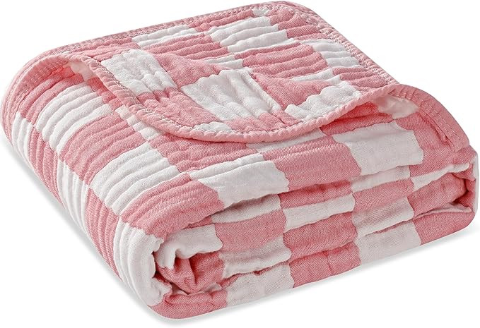 Ultra-Soft Muslin Baby Blanket - Swaddle & Crib for Girls, Pink Checkered (1-Pack) | Amazon (US)