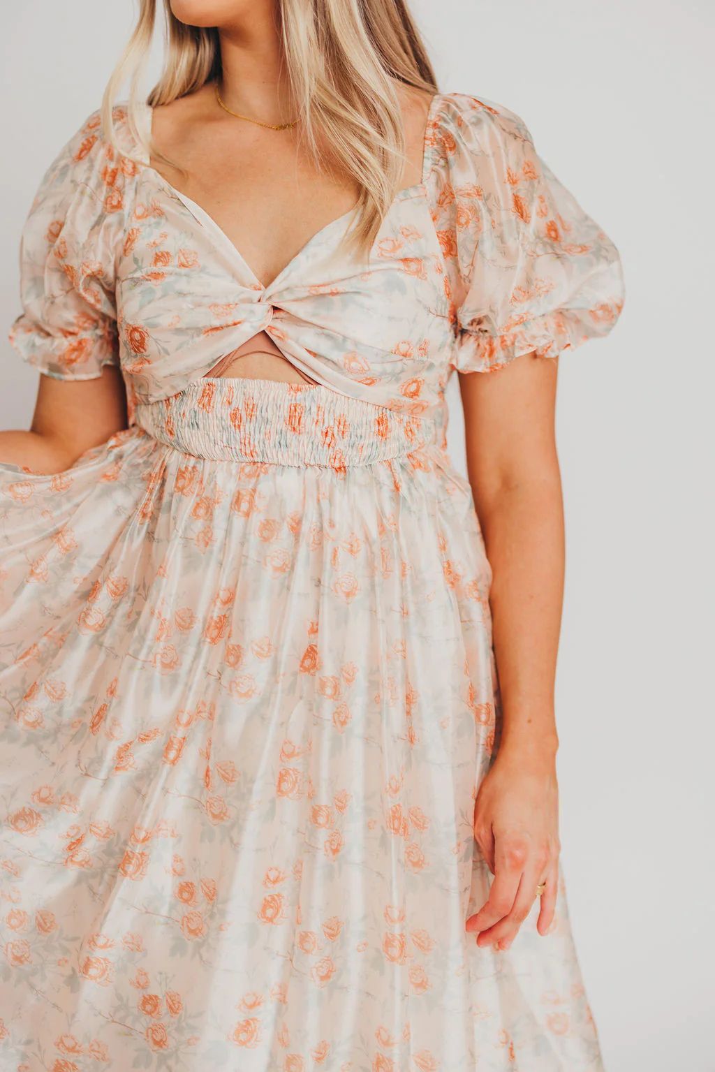 Maria Sweetheart Neckline Midi Dress in Orange Floral - Bump Friendly | Worth Collective