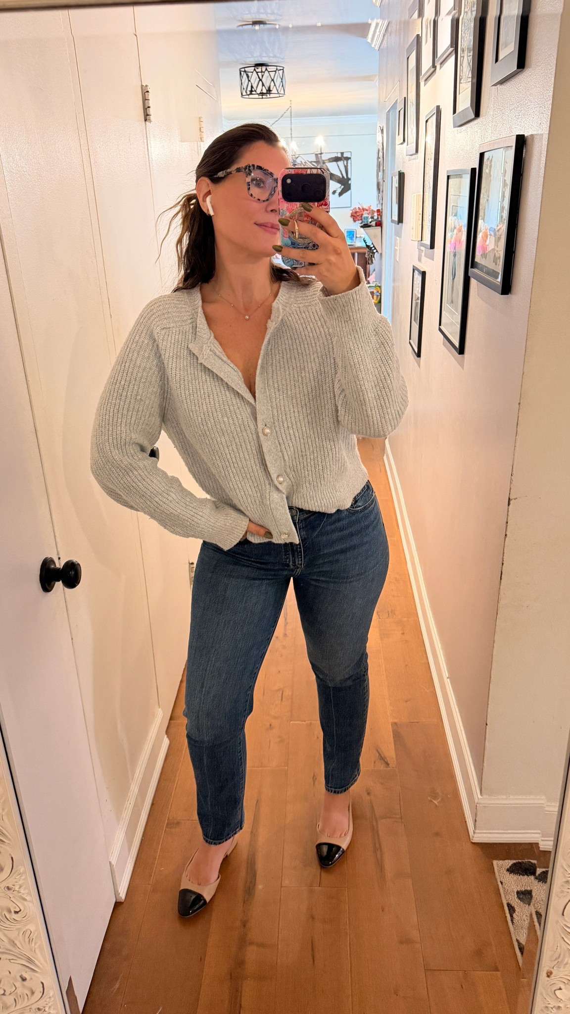 My daze jeans are “tough love” but sold out so linking similar. These are the best jeans I own hands down. Also non toxic option!! TTS. Linking my chic flats and a similar grey cardigan perfect for holiday season. 

Midsize outfit, fall outfit, holiday look 

#LTKWorkwear #LTKMidsize #LTKFindsUnder50