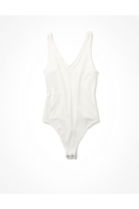 AE Ribbed V-Neck Bodysuit Women's White XS | American Eagle Outfitters (US & CA)