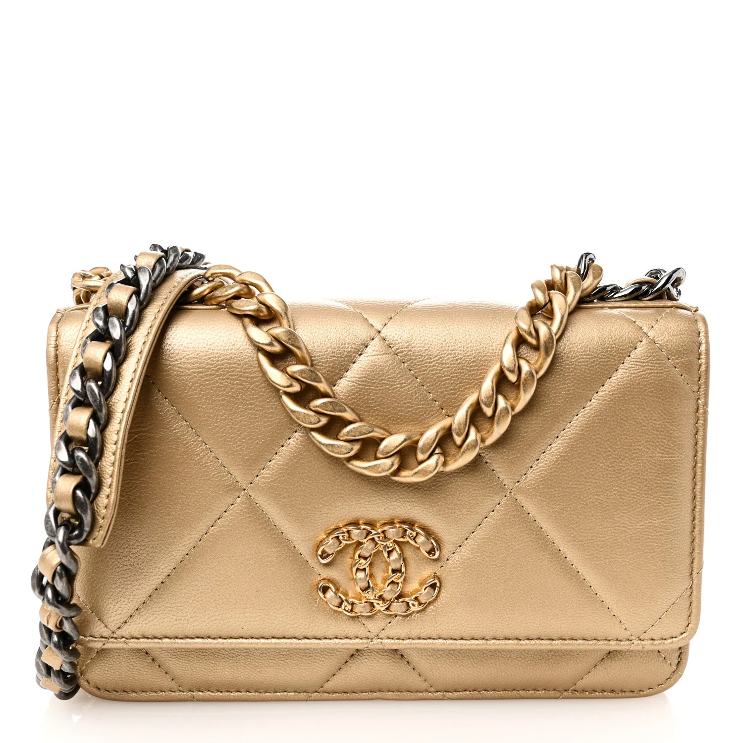 Metallic Goatskin Quilted Chanel 19 Wallet On Chain WOC Gold | FASHIONPHILE (US)