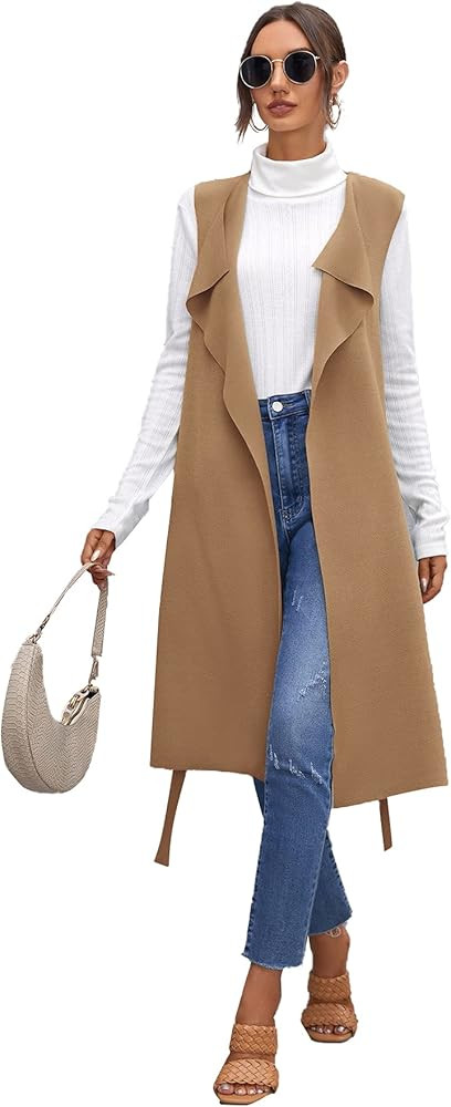 SheIn Women's Draped Open Front Sleeveless Cardigan Longline Belted Outerwear Duster Vest | Amazon (US)
