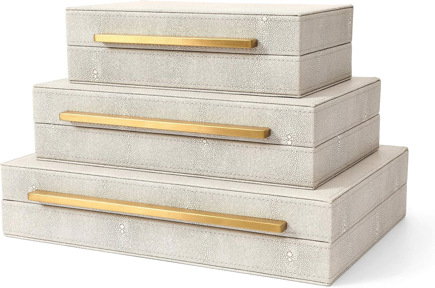 Amazon.com: Kingflux Faux Ivory Shagreen Leather Set of 3 Pcs Decorative Boxes, Storage Boxes Jew... | Amazon (US)