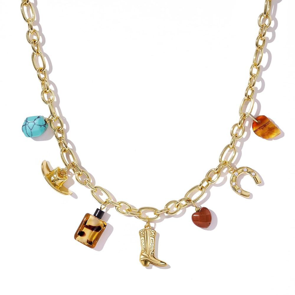 KissYan Cowgirl Western Charm Necklace, 14K Gold Plated Boot Horseshoe Turquoise Pendant Chain Vi... | Amazon (US)