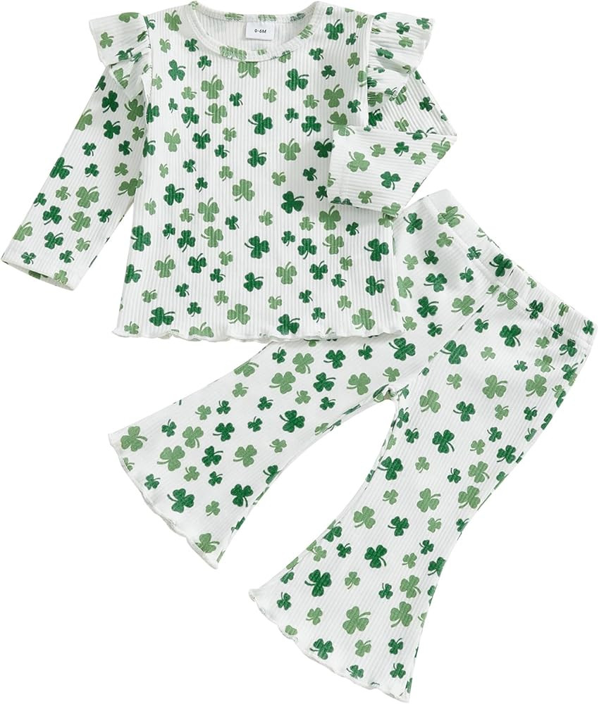 Toddler Infant Baby Girl St. Patrick’s Day Outfit Clover Ruffled Long Sleeve Shirt Flared Pants... | Amazon (US)