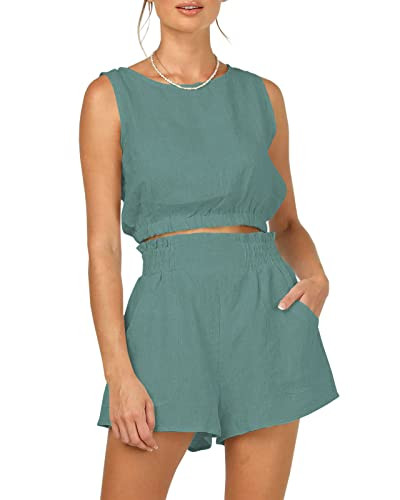 Trendy Queen Womens Summer 2 Piece Outfits Short Sets Matching Sleeveless Tank Top High Waisted Shorts with Pockets Lake S | Amazon (US)
