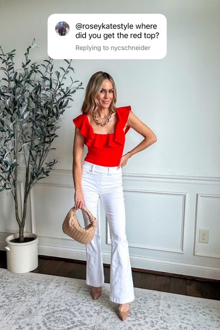 Red bodysuit linked here - wearing size xs!

White flare jeans - use code KATEROSExSPANX for discount and free shipping! Wearing xs petite 

#LTKfindsunder100 #LTKover40 #LTKSeasonal