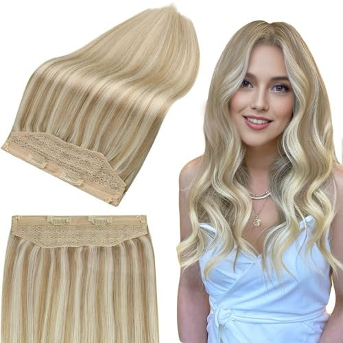 Full Shine Invisible Wire Hair Extensions Real Human Hair Honey Blonde Highlight Fish Line Hair Extensions Blonde Highlights Crown Hair, One Piece Straight Secret Extensions 14inch 70g | Amazon (US)