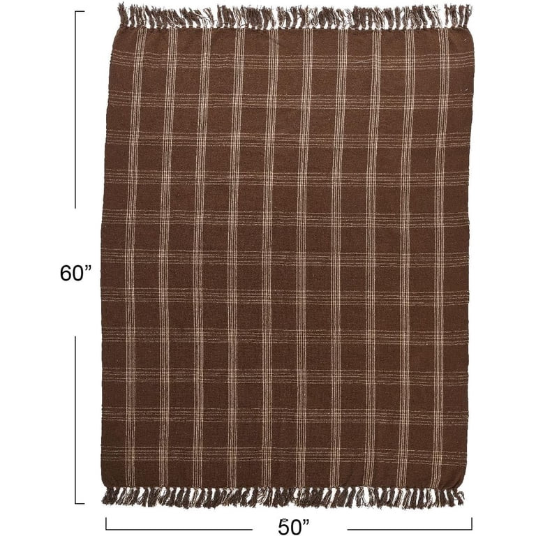 Recycled Cotton Blend Throw Blanket with Fringe, Brown Plaid | Walmart (US)