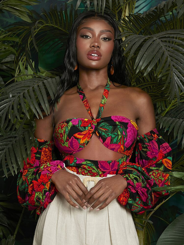 SHEIN NEWNESS Floral Print Shirred Back Cut Out Halter Neck Lantern Sleeve Bodysuit | SHEIN