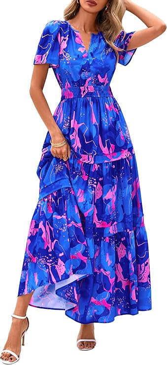PRETTYGARDEN Women's Summer Boho Floral Maxi Dresses | Bohemian Flower,Short Sleeve V Neck,Elasti... | Amazon (US)
