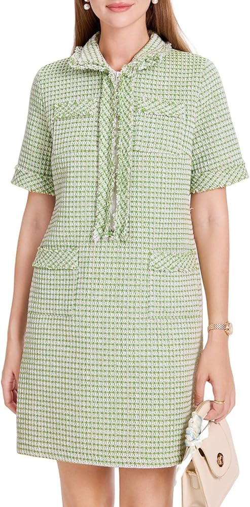 WOWULOVELY Womens Tweed Mini Dress Short Sleeve Straight Tube Front Half Zipper A-line Nubby Dres... | Amazon (US)