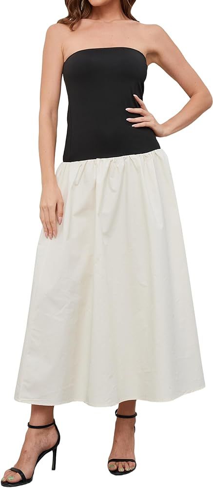 Women Summer Strapless Maxi Tube Dress Sleeveless Patchwork Off Shoulder Color Block Bandeau Swin... | Amazon (US)