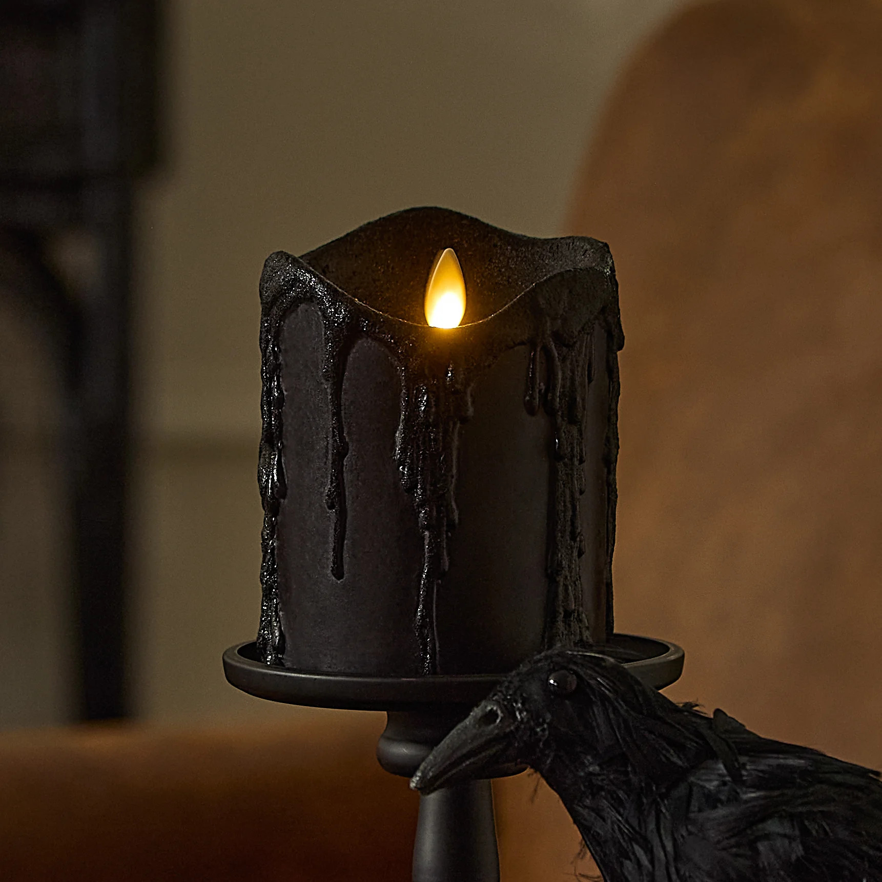 Glitter Black Heavy Wax Drip Flameless Candle Pillar | Luminara