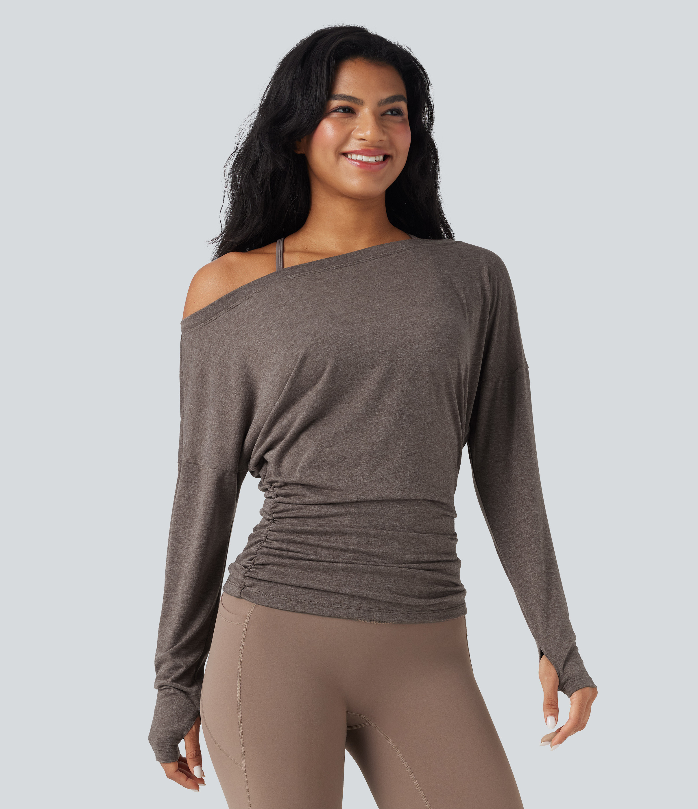 Halara One Shoulder Long Sleeve Thumb Hole Ruched Yoga Sports Top  - Mottled Begonia - S | HALARA