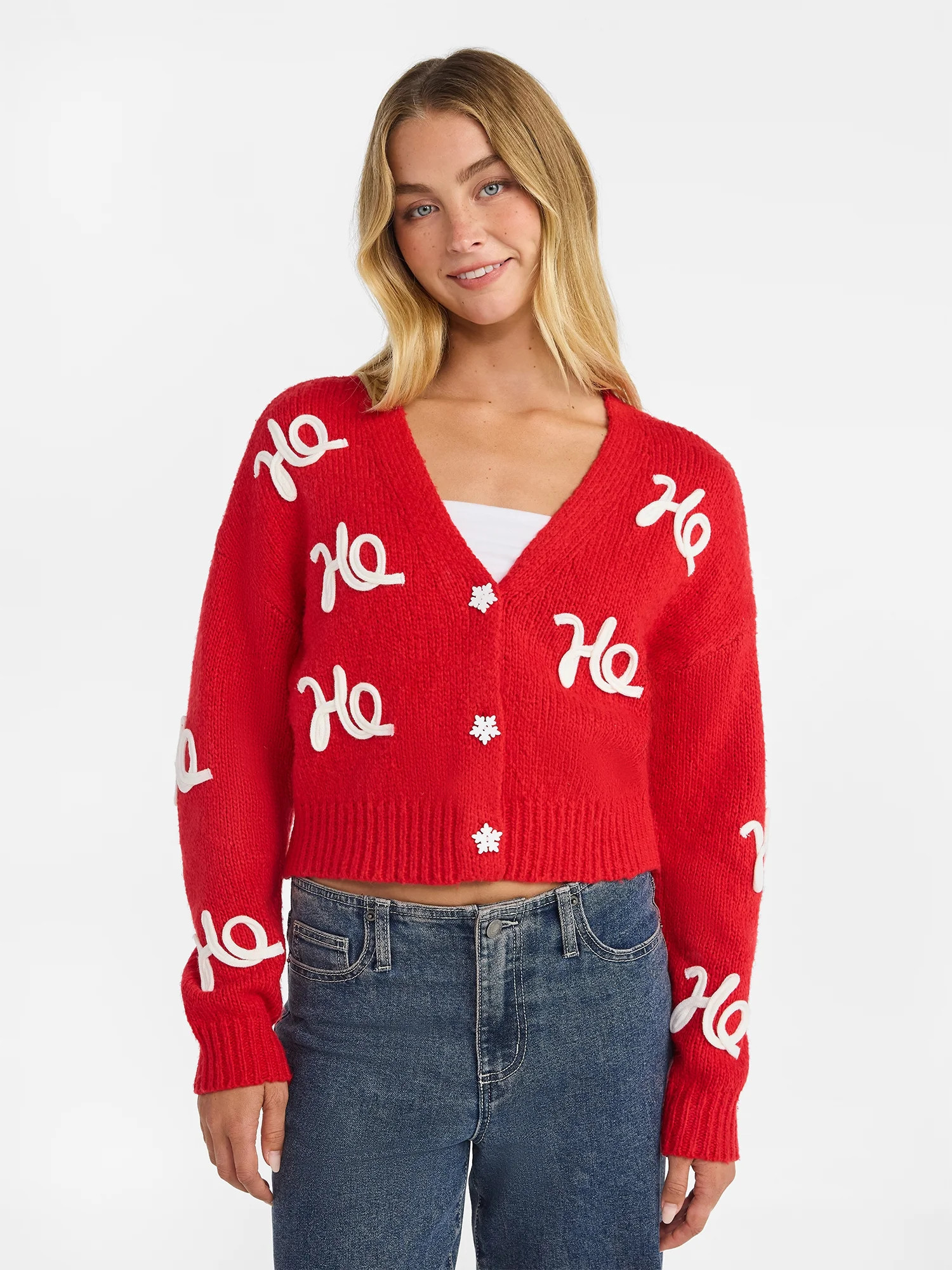 No Boundaries Embroidered Christmas Cardigan, Women's & Women's Plus | Walmart (US)