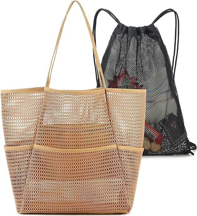 BTOOP Large Mesh Beach Tote Bag for Women with Multiple Pockets Toys Towels for Family Travel Wat... | Amazon (US)