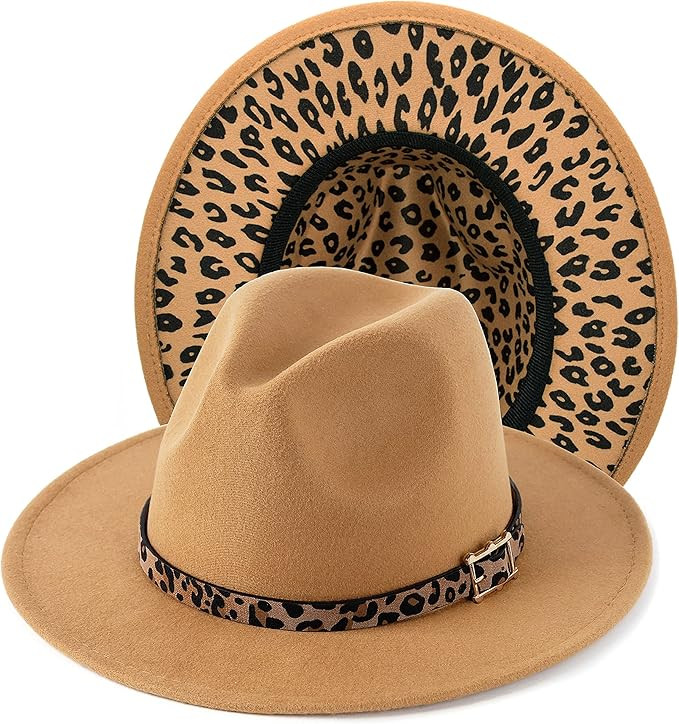 Women's Wide Brim Felt Fedora Panama Hat with Leopard Belt Buckle | Amazon (US)