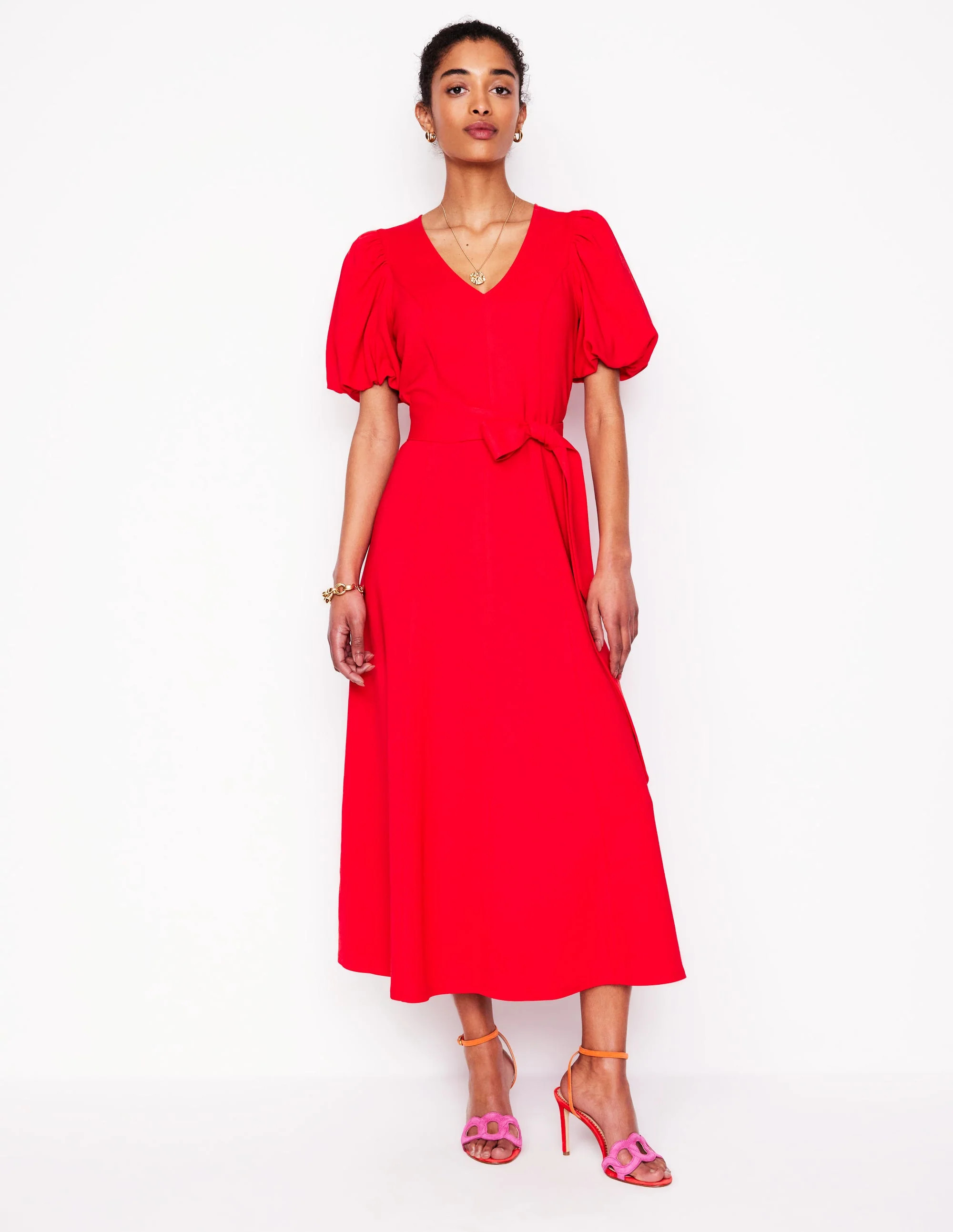 Volume Sleeve Midi Dress-Poppy Red | Boden UK