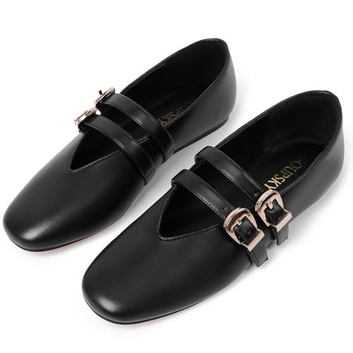 GOUPSKY Black Mary Jane Shoes for Women Ballet Flats with Adjustable Double Buckle Strap Comfortable Slip On Dress Shoes for Daily Size 8 | Amazon (US)