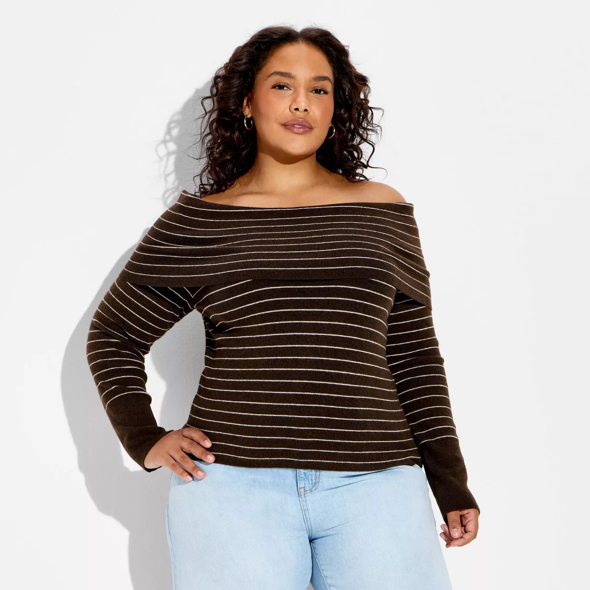 Women's Off the Shoulder Pullover Sweater - Wild Fable\u2122 Brown Striped XXL | Target