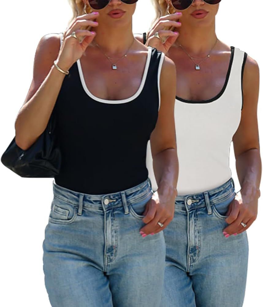 Cyunda Women's 2 Piece Color Block Tank Tops Summer Sleeveless Scoop Neck Ribbed Knit Slim Fit Ba... | Amazon (US)