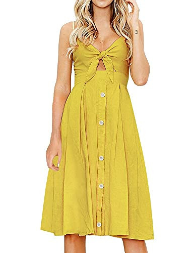 FANCYINN Womens Yellow Tie Front Button Down Spaghetti Strap Midi Dress Summer Beach Wheat Yellow M | Amazon (US)
