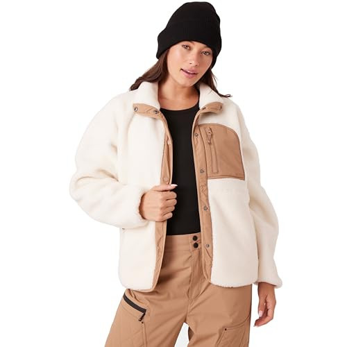 Roxy Women's Bonded Sherpa Jacket – Oversized Fit, Faux Sherpa Fleece, PFAS-Free, Snap Front, Zipper Pockets, Ivory, X-Small | Amazon (US)