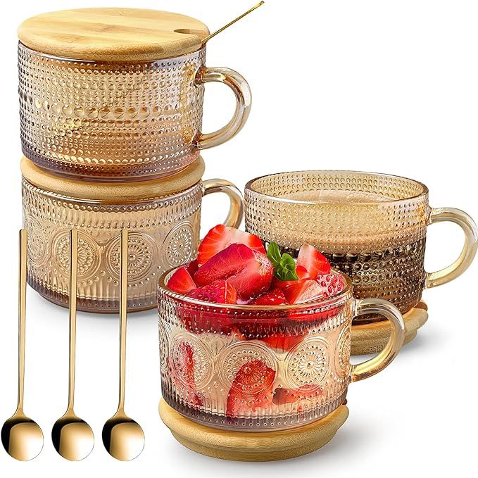 Vintage Glass Coffee Mugs Set of 4, 14 Oz Glass Cups with Bamboo Lids and Spoons, Embossed Glassw... | Amazon (CA)