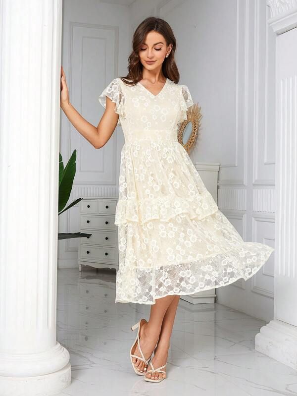 Butterfly Sleeve Layer Hem Lace Dress | SHEIN