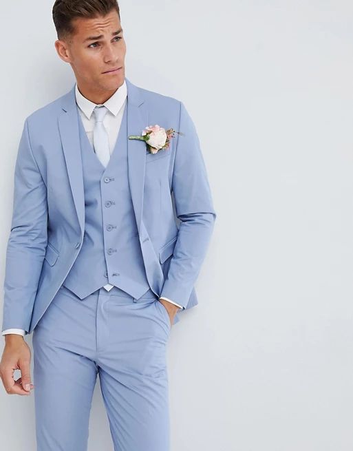 ASOS DESIGN wedding skinny suit jacket in stretch cotton in dusky blue | ASOS US