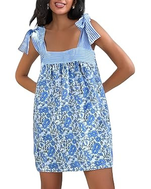 Women Floral Tie Shoulder Mini Dress Cute Square Neck Loose Fit Beach Short Dress Backless Boho V... | Amazon (US)