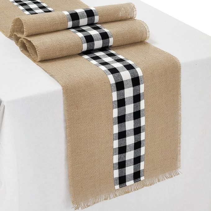 Burlap Table Runner Fall Table Runner Buffalo Check Table Runner Farmhouse Table Decor with Fring... | Amazon (US)