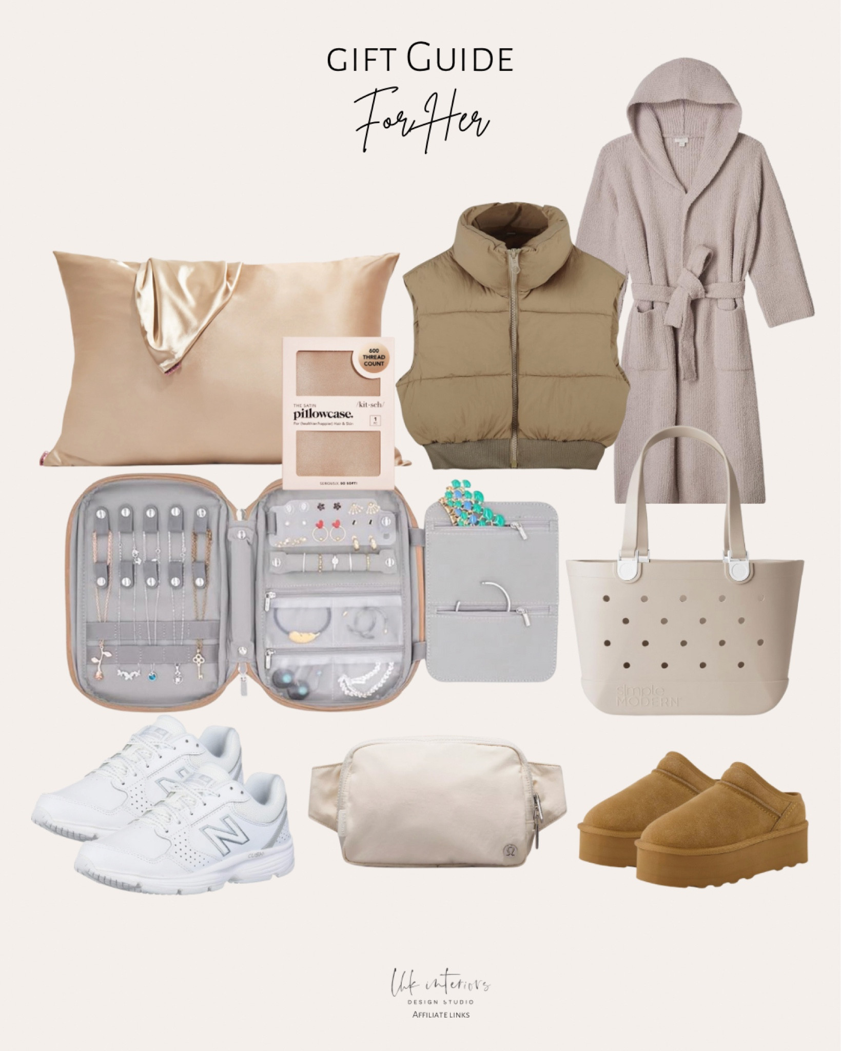 Gift Guide for Her 
Women’s cropped puffer vest / New Balance women’s / Beach bag rubber tote / satin pillow case / women’s huggy genuine suede cozy mule platform / travel jewelry organizer / barefoot dreams robe / everywhere belt bag 

#LTKHoliday #LTKGiftGuide #LTKsalealert