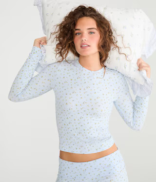 Long Sleeve Floral Ribbed Sleep Top | Aeropostale