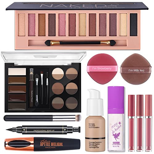 Makeup Set For Women Full Kit - 12 Colors Nude Shimmer Eyeshadow Palette, Patting Powder Highlighter, Eyebrow Contour Kit, Liquid Foundation + Concealer Brush, Black Mascara and Stamp Liquid Eyeliner , 3pcs Matte Liquid Lipstick Set with 2 Powder Puff Makeup Gift Set | Amazon (US)