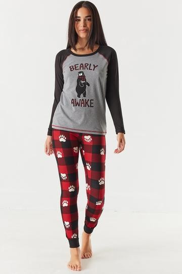 Fammy Jammies 2-Piece Bearly Awake Graphic Long Sleeve Top with Printed Bottom Pajama Set | Urban Planet