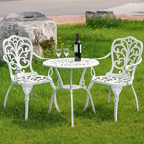 PATIO-IN Outdoor Bistro Table and Chairs Set of 2, White Metal Patio Bistro Set, Cast Aluminum Bistro Set 3 Piece Outdoor with Umbrella Hole, 3 Piece Outdoor Bistro Set for Balcony Garden Porch | Amazon (US)