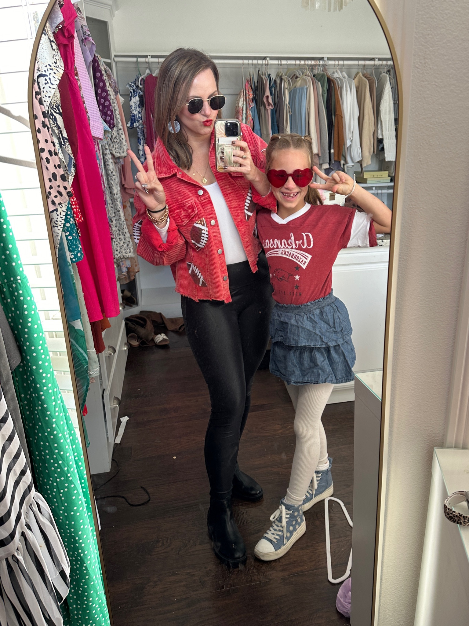 Football game day outfits! Cheering on the Arkansas razorbacks. Wearing this curdoroy football jacket, white ribbed long sleeve tee undershirt and my fave spanx dupe leggings on Amazon! 

#LTKStyleTip #LTKFindsUnder50 #LTKFindsUnder100
