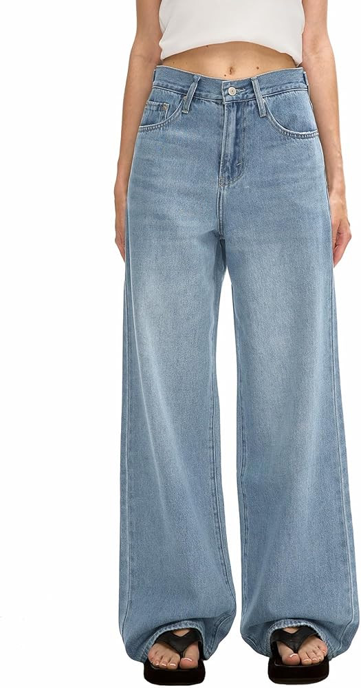 Women's Adjustable Wasit Baggy Jeans with Snap-Button Waistband Wide Straight Leg High Rise Jeans... | Amazon (US)