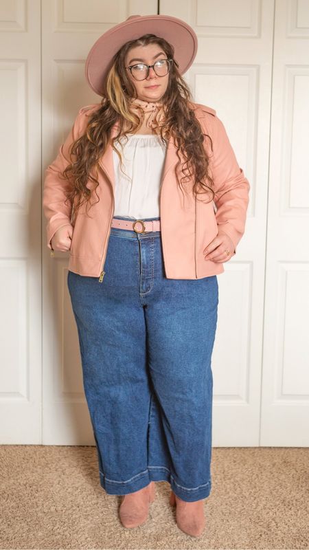 Plus size pastel pink outfit wide leg jeans leather jacket 

#LTKSeasonal #LTKcurves #LTKstyletip