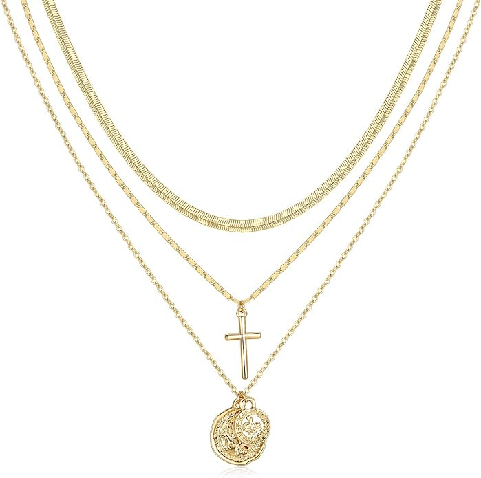 NUZON 3 Layering Necklace for Women 18K Gold Plated Paper Clip Chain Layered Choker Lock Coin Pen... | Amazon (US)