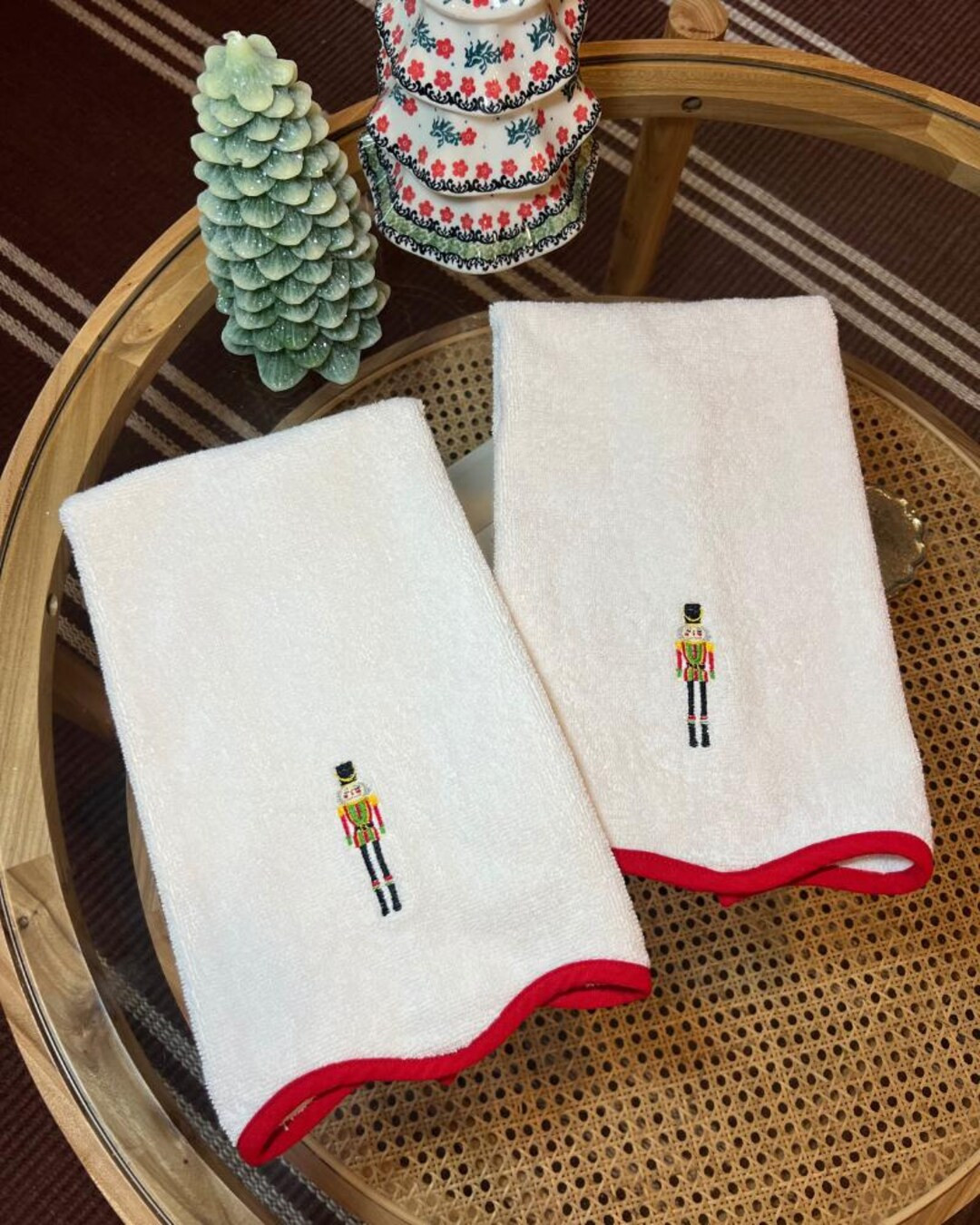 2pk Mini Nutcracker Scalloped Christmas Hand Towels | Cream & Red Embroidered Terry Cotton Towels... | Etsy (US)