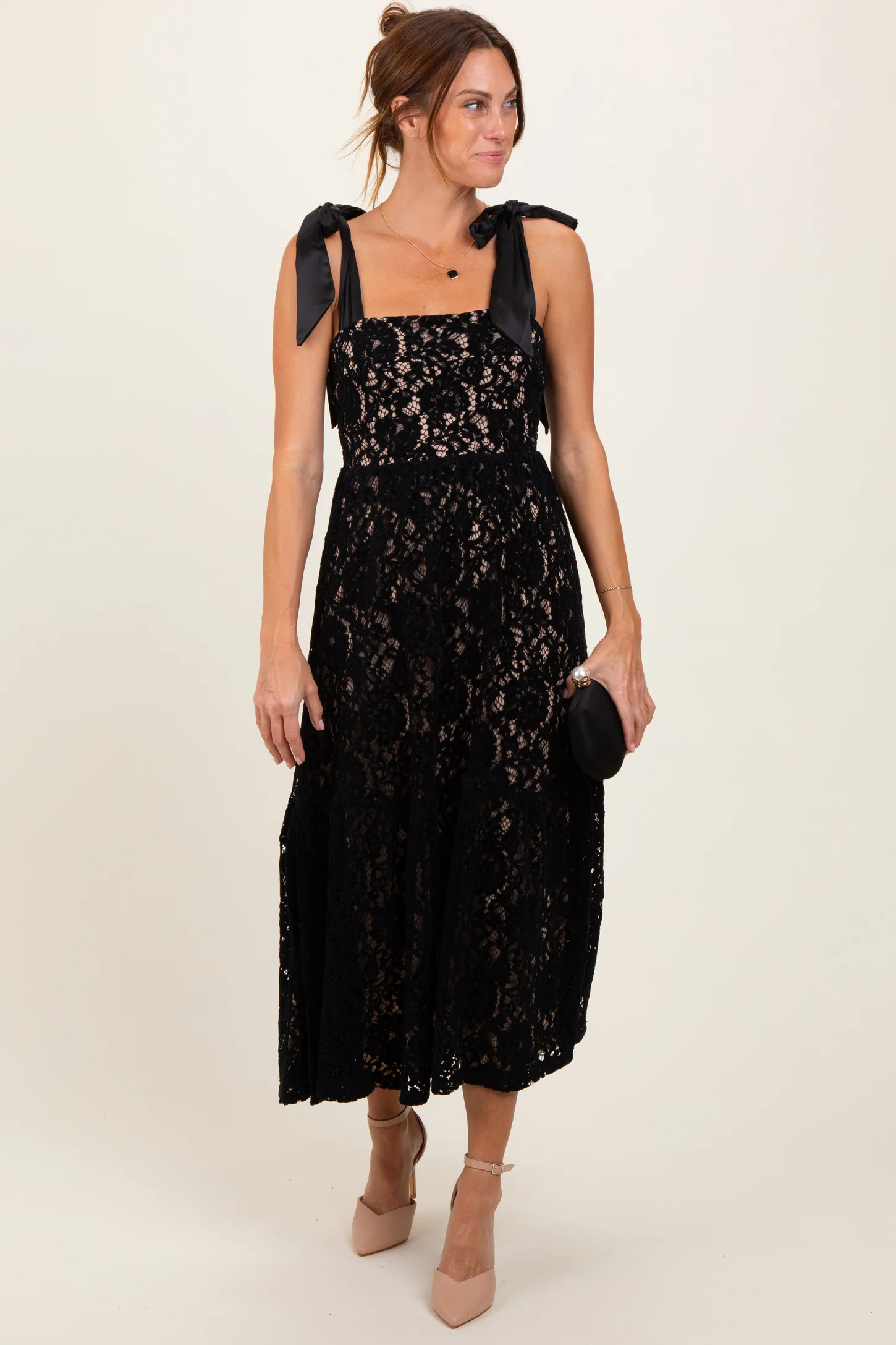 Black Velvet Lace Shoulder Bow Maxi Dress | PinkBlush Maternity