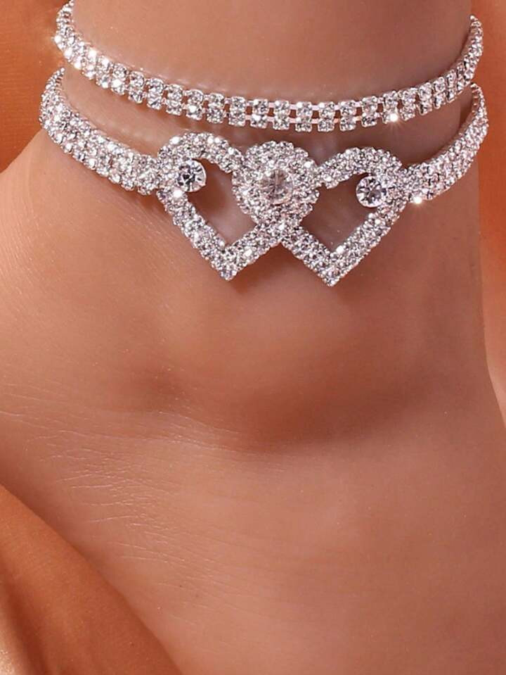 2 Pieces/Set Double Heart Anklet Luxury Full Rhinestone Ankle Bracelet Foot Jewelry For Women Leg Chain Summer Beach Holiday Jewelry | SHEIN