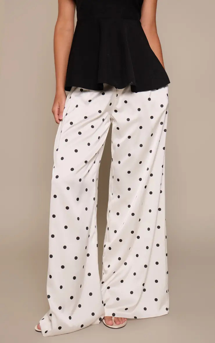 Cream Polka Dot Satin Wide Leg Trousers | PrettyLittleThing | PrettyLittleThing UK