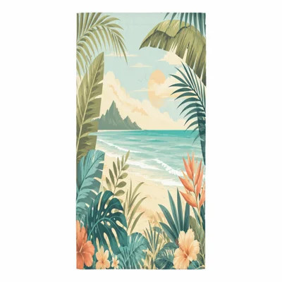 1Pcs Tropical Beach Towel, featuring vibrant leaves and flowers against a scenic ocean view, perfect for trips, picnics, travel. | Wayfair North America
