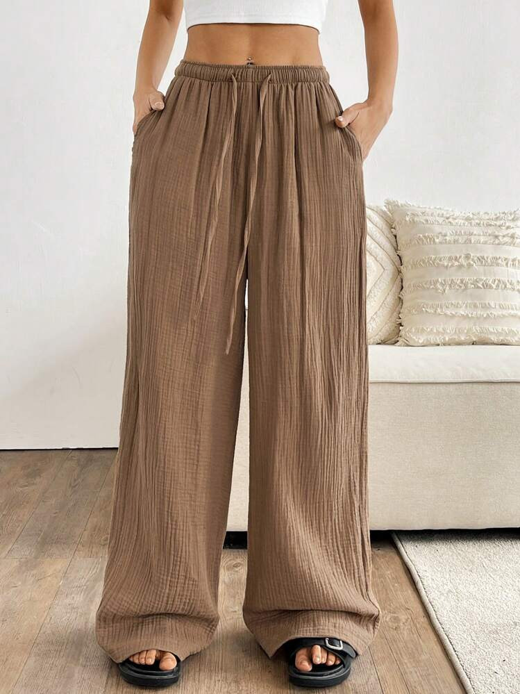 SHEIN EZwear Women's Solid Color Tie Waist Straight Leg Textured Loose Pants | SHEIN
