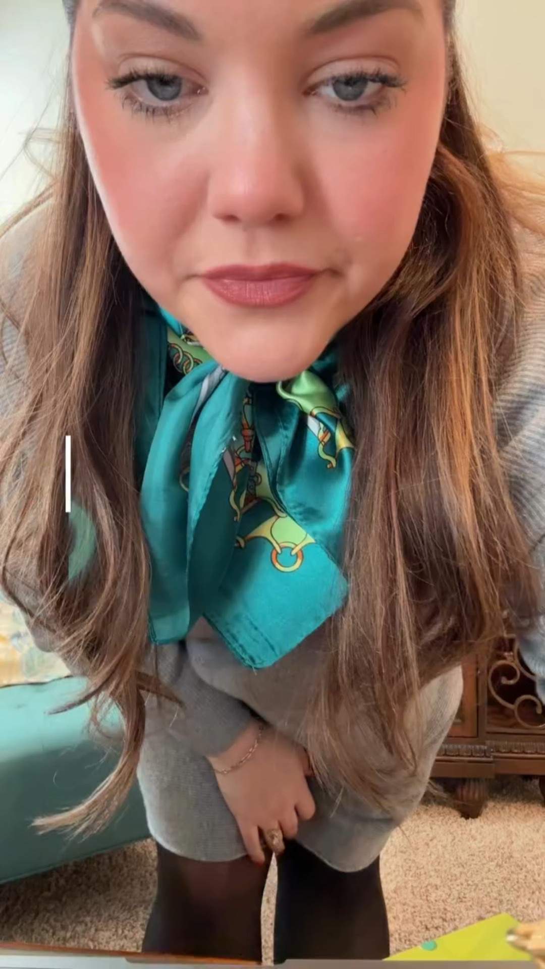 Casual #OOTD today in the office! Gosh it is COLD in Alabama today so this sweater dress was the perfect call! The Shoppe has some fantastic dresses right now for the cool weather. As always, you can shop my fits in my bio 💚💙🩶 #midsizefashion #midsizestyle #winterstyle #workootd 

Dress: @theshoppeatcoldwater 
Scarf: my coworker @meleahames for Christmas! 
Jewels: @susanshaw @brightoncollectibles @the_aga_company 
Shoes: @jonesnewyork 
Tights: @sheertex 
Shades: @freyrs_sunglasses