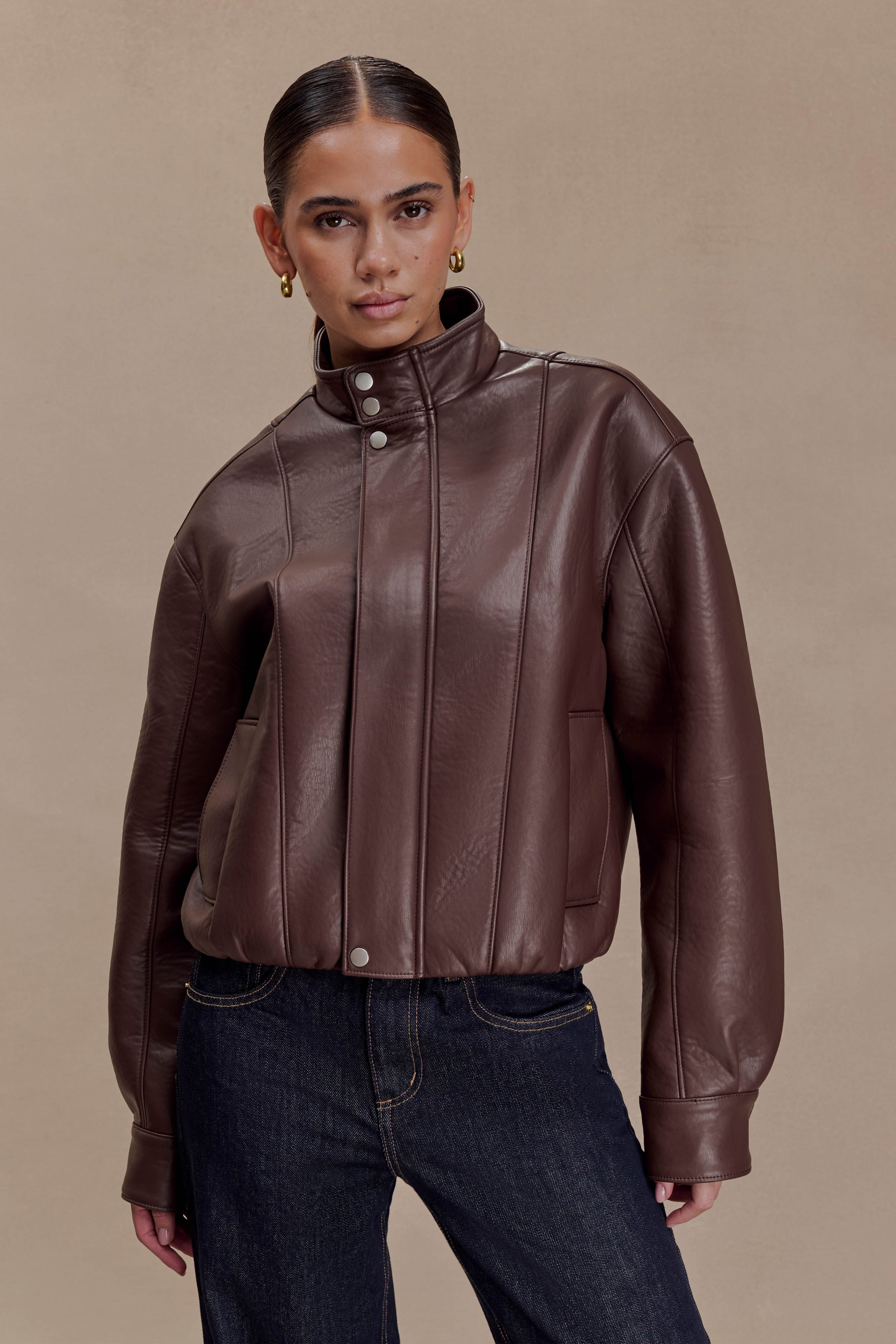 Curtis Faux Leather Bomber Jacket - Dark Chocolate | MESHKI US